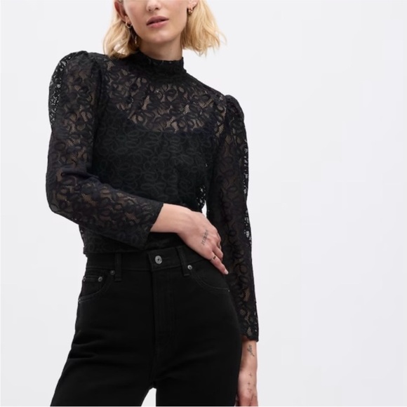 GAP Black Lace Long Sleeve Sheer Mock Neck Blouse Top Small - Picture 1 of 8